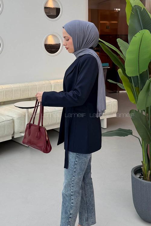 Lamelif Çift Kuşaklı Ceket Lacivert