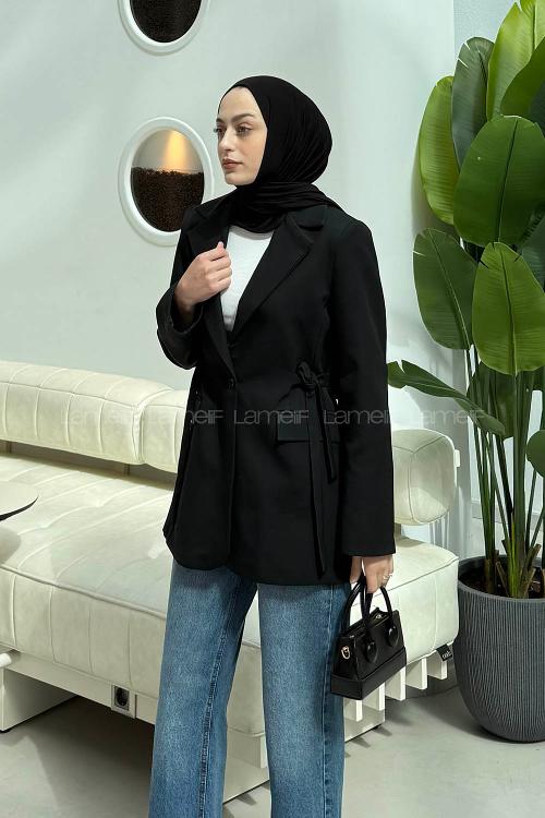 Lamelif Çift Kuşaklı Ceket Siyah
