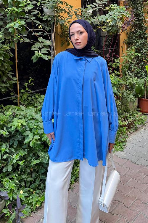 Lamelif Gizli Düğme Detaylı Tesettür Tunik İndigo