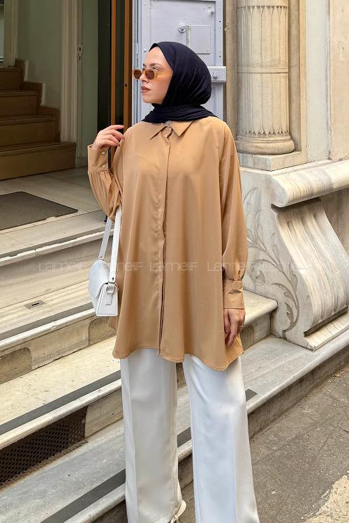 Lamelif Gizli Düğme Detaylı Tesettür Tunik Karamel