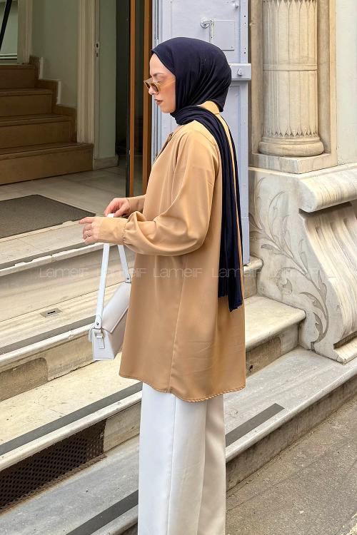 Lamelif Gizli Düğme Detaylı Tesettür Tunik Karamel