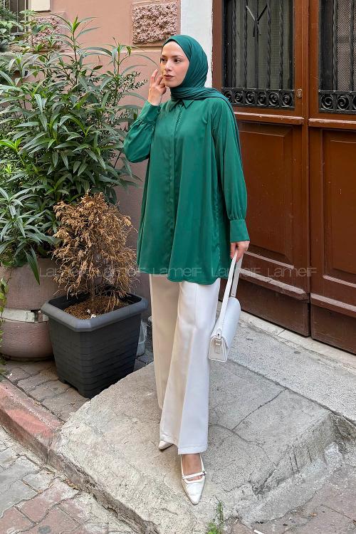 Lamelif Gizli Düğme Detaylı Tesettür Tunik Zümrüt