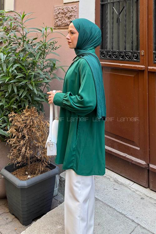 Lamelif Gizli Düğme Detaylı Tesettür Tunik Zümrüt