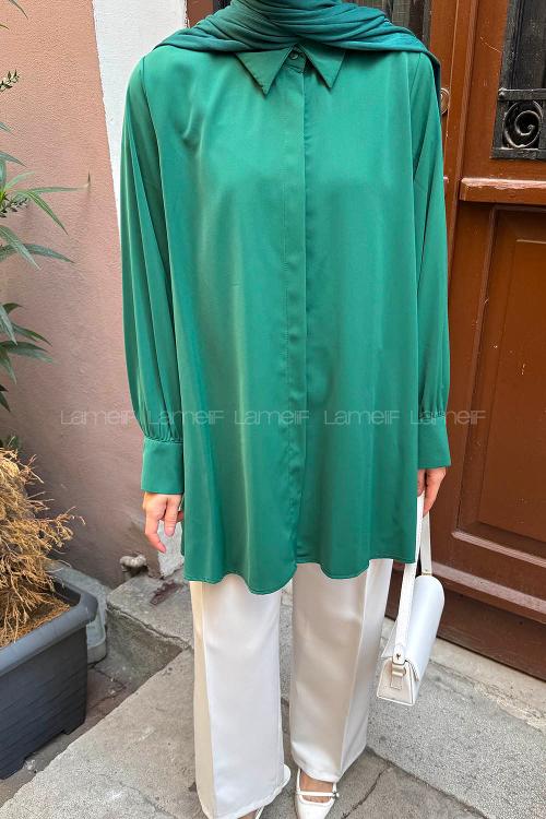Lamelif Gizli Düğme Detaylı Tesettür Tunik Zümrüt
