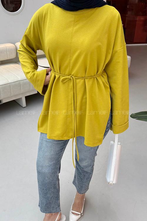 Lamelif Yırtmaç Detaylı Sweat Yağ Yeşili