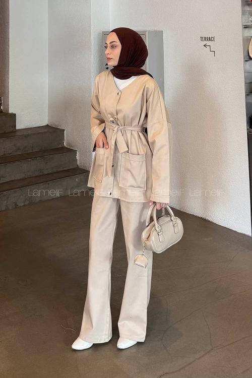 Lamelif Kuşaklı Gabardin Takım Bej