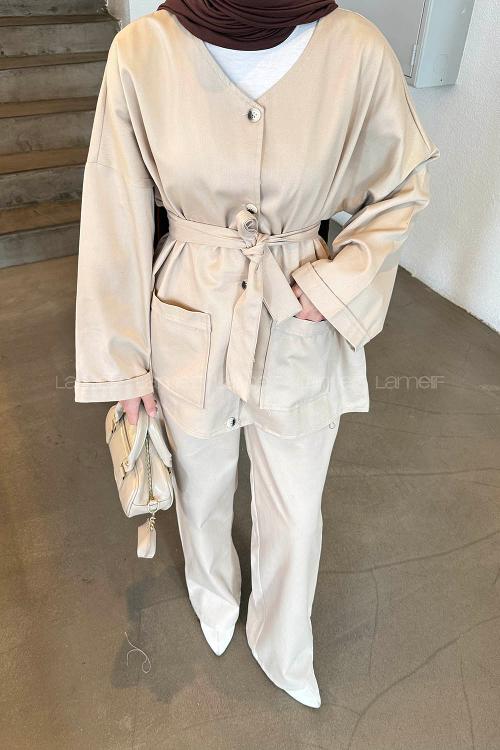 Lamelif Kuşaklı Gabardin Takım Bej
