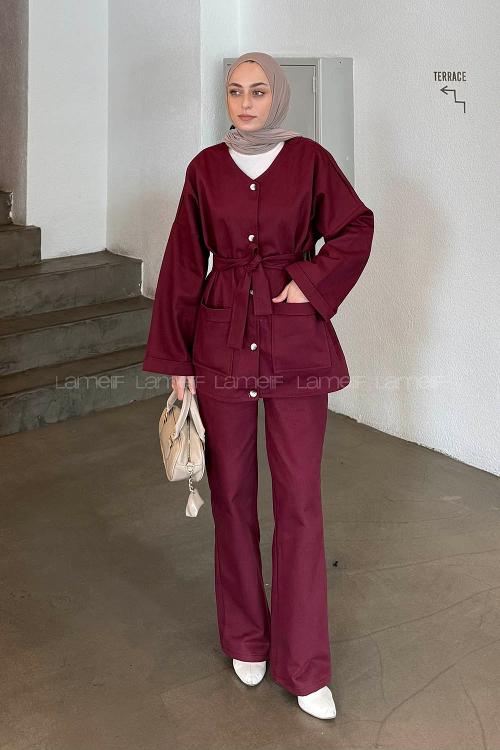 Lamelif Kuşaklı Gabardin Takım Bordo