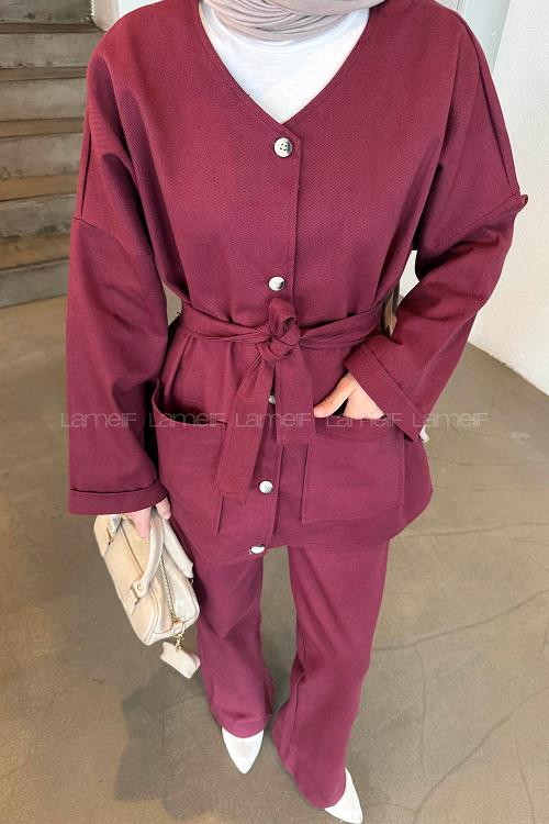 Lamelif Kuşaklı Gabardin Takım Bordo