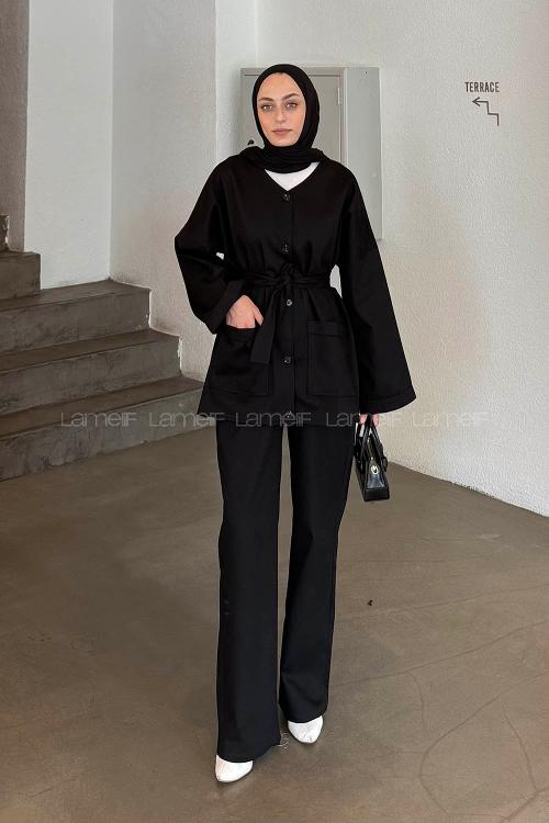 Lamelif Kuşaklı Gabardin Takım Siyah
