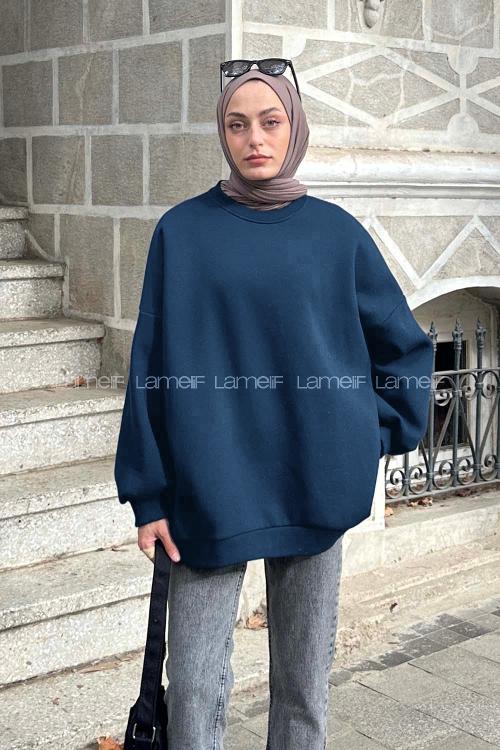 Lamelif Jasmin Bisiklet Yaka Oversize Sweat Lacivert