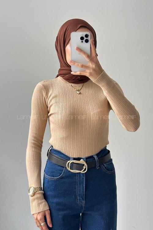 Lamelif Bisiklet Yaka Fittilli Triko Body Camel