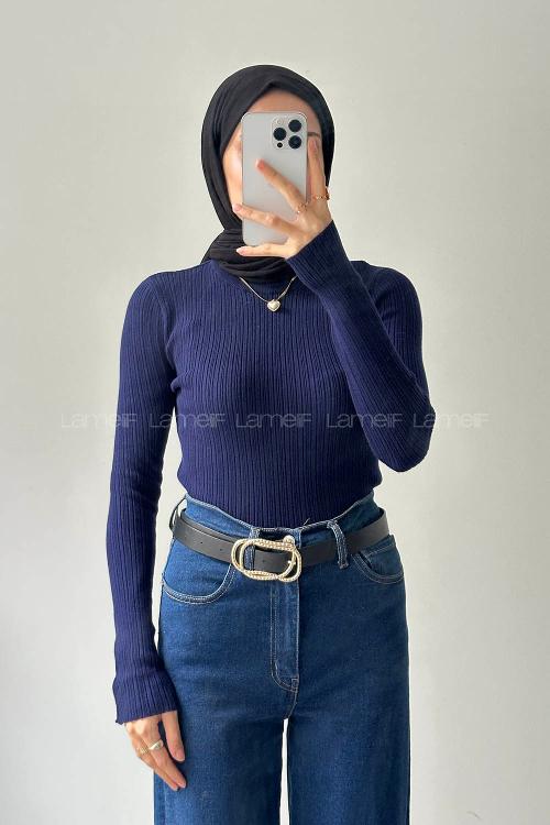 Lamelif Bisiklet Yaka Fittilli Triko Body Lacivert