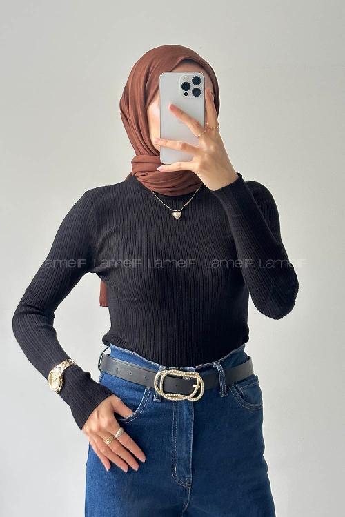 Lamelif Bisiklet Yaka Fittilli Triko Body Siyah