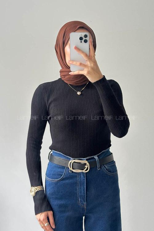 Lamelif Bisiklet Yaka Fittilli Triko Body Siyah