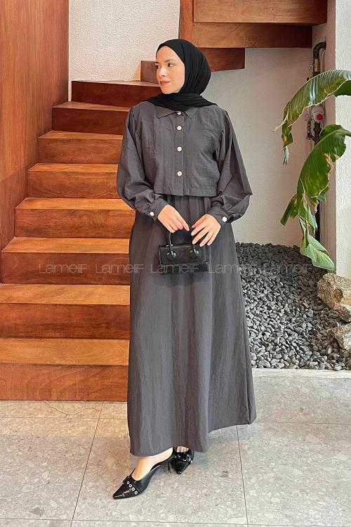 Lamelif Üst Ceket Jile Tesettür Takım Antrasit
