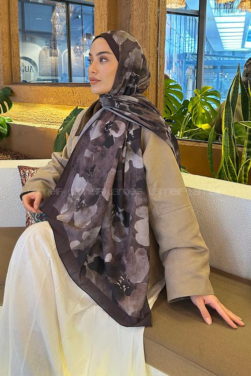 Lamelif Batik Çiçek Desen Bambu Şal Acı Kahve