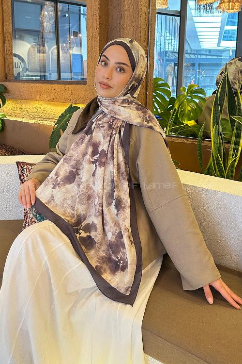 Lamelif Batik Çiçek Desen Bambu Şal Ekru