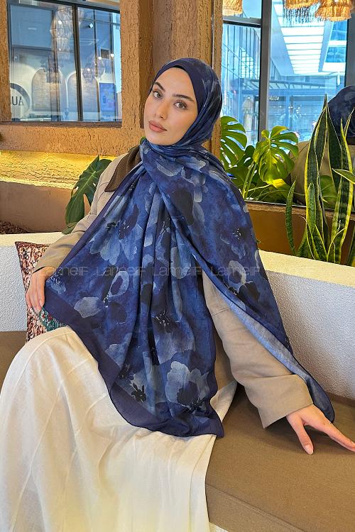 Lamelif Batik Çiçek Desen Bambu Şal Gece Mavisi