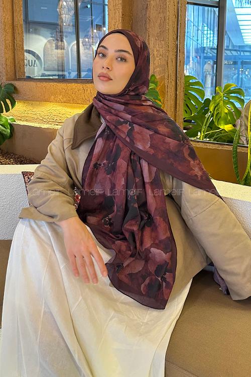 Lamelif Batik Çiçek Desen Bambu Şal Koyu Bordo
