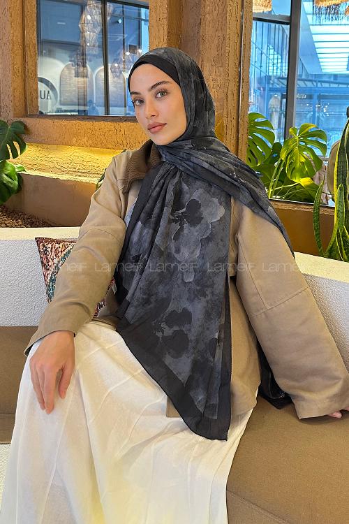Lamelif Batik Çiçek Desen Bambu Şal Siyah