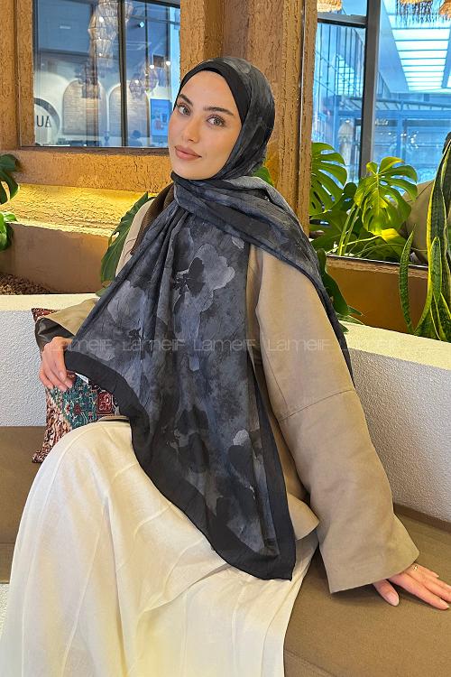 Lamelif Batik Çiçek Desen Bambu Şal Siyah