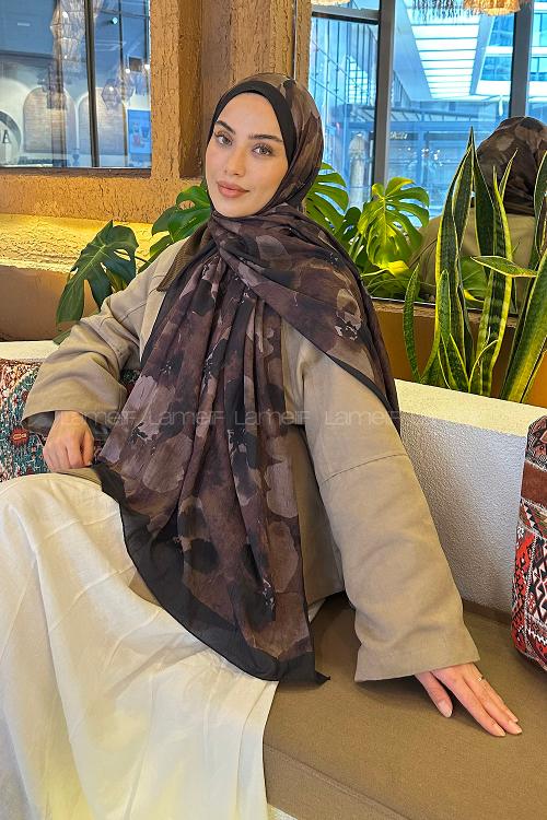 Lamelif Batik Çiçek Desen Bambu Şal Siyah Kahverengi