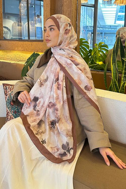 Lamelif Batik Çiçek Desen Bambu Şal Sütlü Kahve