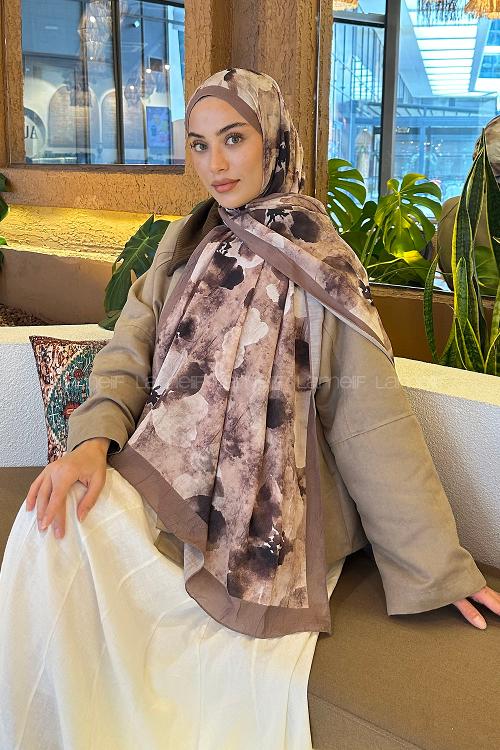 Lamelif Batik Çiçek Desen Bambu Şal Toprak
