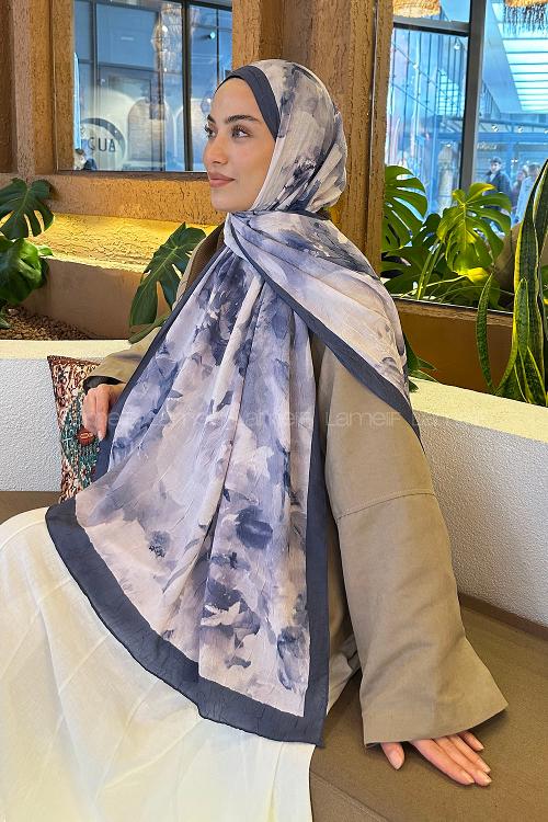 Lamelif Gül Desen Bambu Şal İndigo