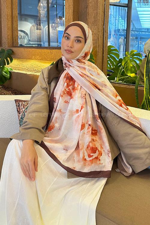 Lamelif Gül Desen Bambu Şal Kahverengi