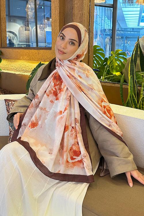 Lamelif Gül Desen Bambu Şal Kahverengi