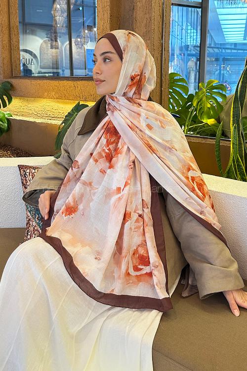 Lamelif Gül Desen Bambu Şal Kahverengi