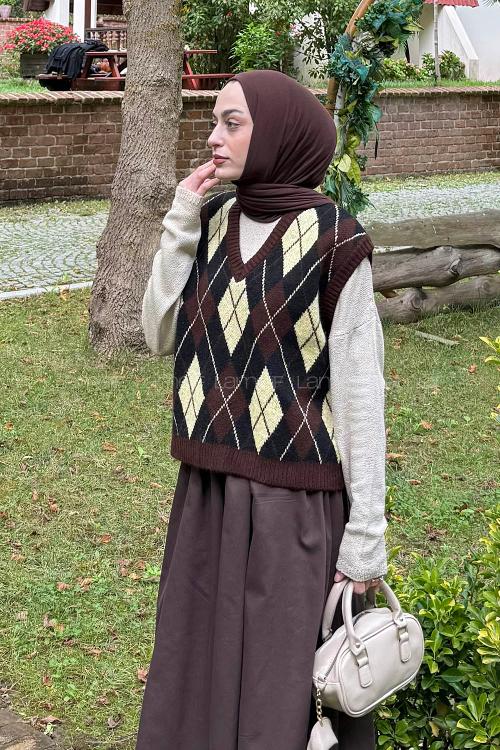 Lamelif Baklava Desenli Süveter Acı Kahve