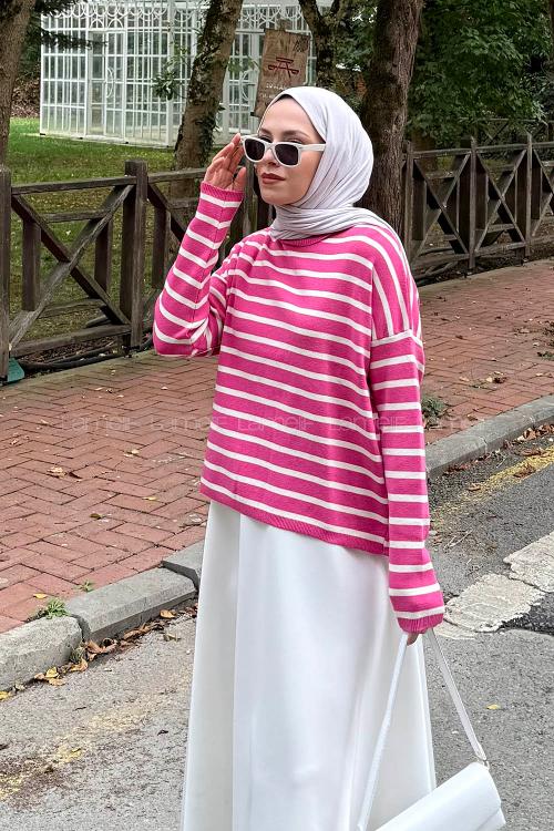 Lamelif Çizgili BalIkçı Kazak Fuşya