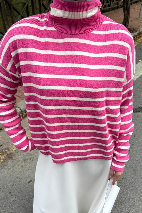 Lamelif Çizgili BalIkçı Kazak Fuşya