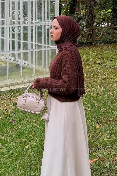 Lamelif Crop Triko Kazak Acı Kahve