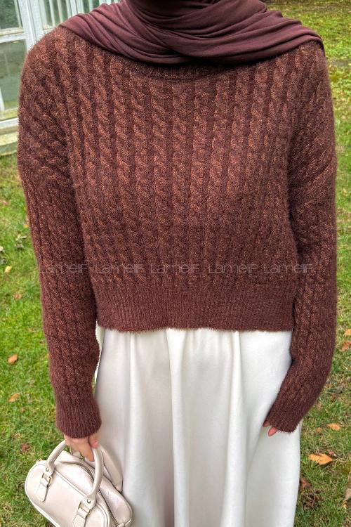 Lamelif Crop Triko Kazak Acı Kahve