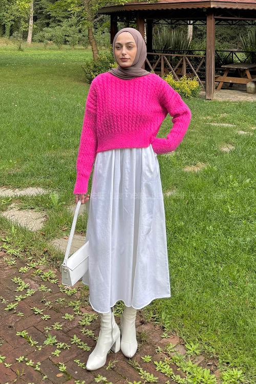 Lamelif Crop Triko Kazak Fuşya