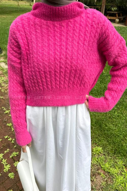 Lamelif Crop Triko Kazak Fuşya