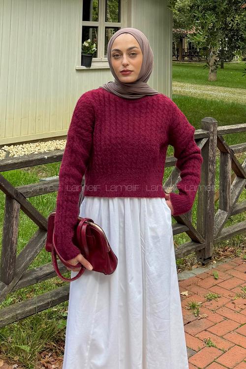 Lamelif Crop Triko Kazak Pudra Bordo