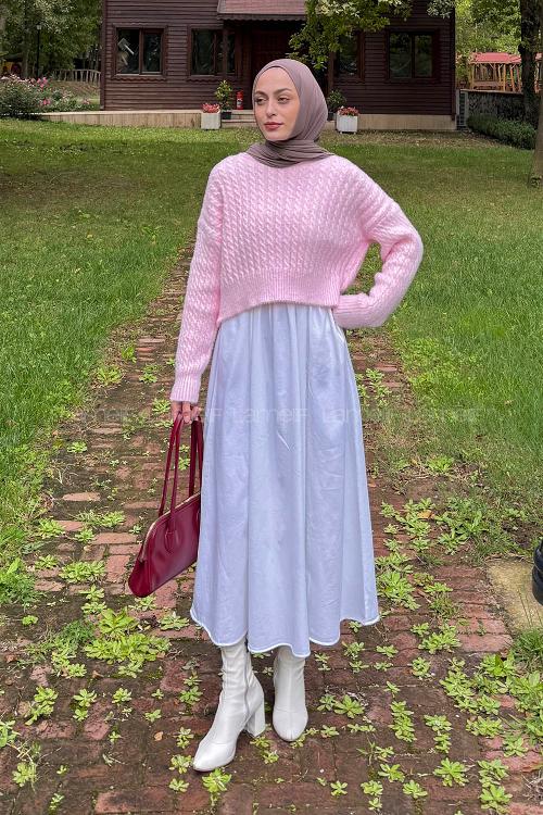 Lamelif Crop Triko Kazak Pudra Rengi