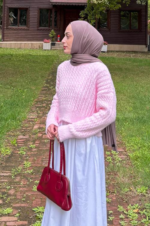 Lamelif Crop Triko Kazak Pudra Rengi