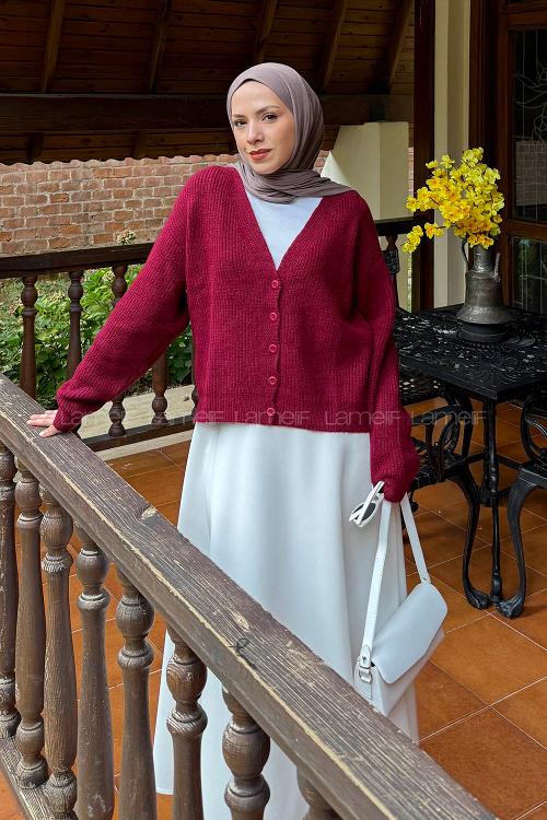 Lamelif Crop V Yaka Hırka Bordo