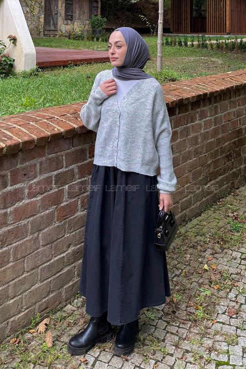 Lamelif Crop V Yaka Hırka Gri