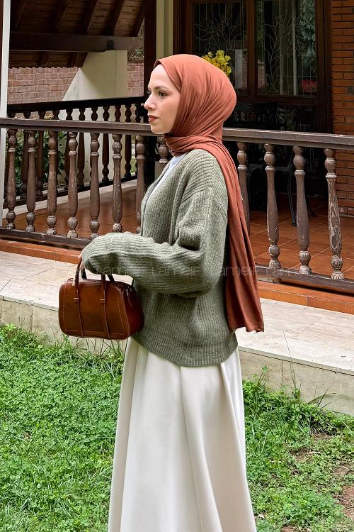 Lamelif Crop V Yaka Hırka Haki