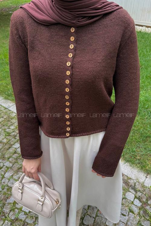 Lamelif Düğme Detaylı Hırka Acı Kahve