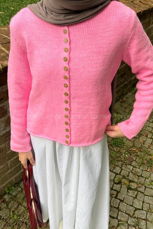 Lamelif Düğme Detaylı Hırka Pembe