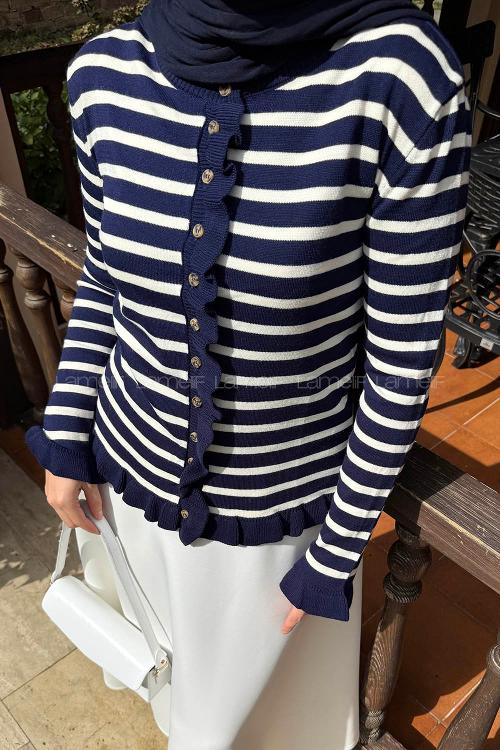 Lamelif Fırfırlı Çizgili Hırka Lacivert