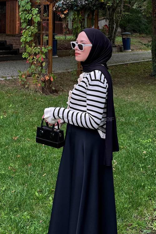 Lamelif Fırfırlı Çizgili Hırka Naturel